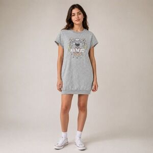 KENZO Kids Tiger Sweatshirt Dress 16A Gray Embroidered Logo Tunic